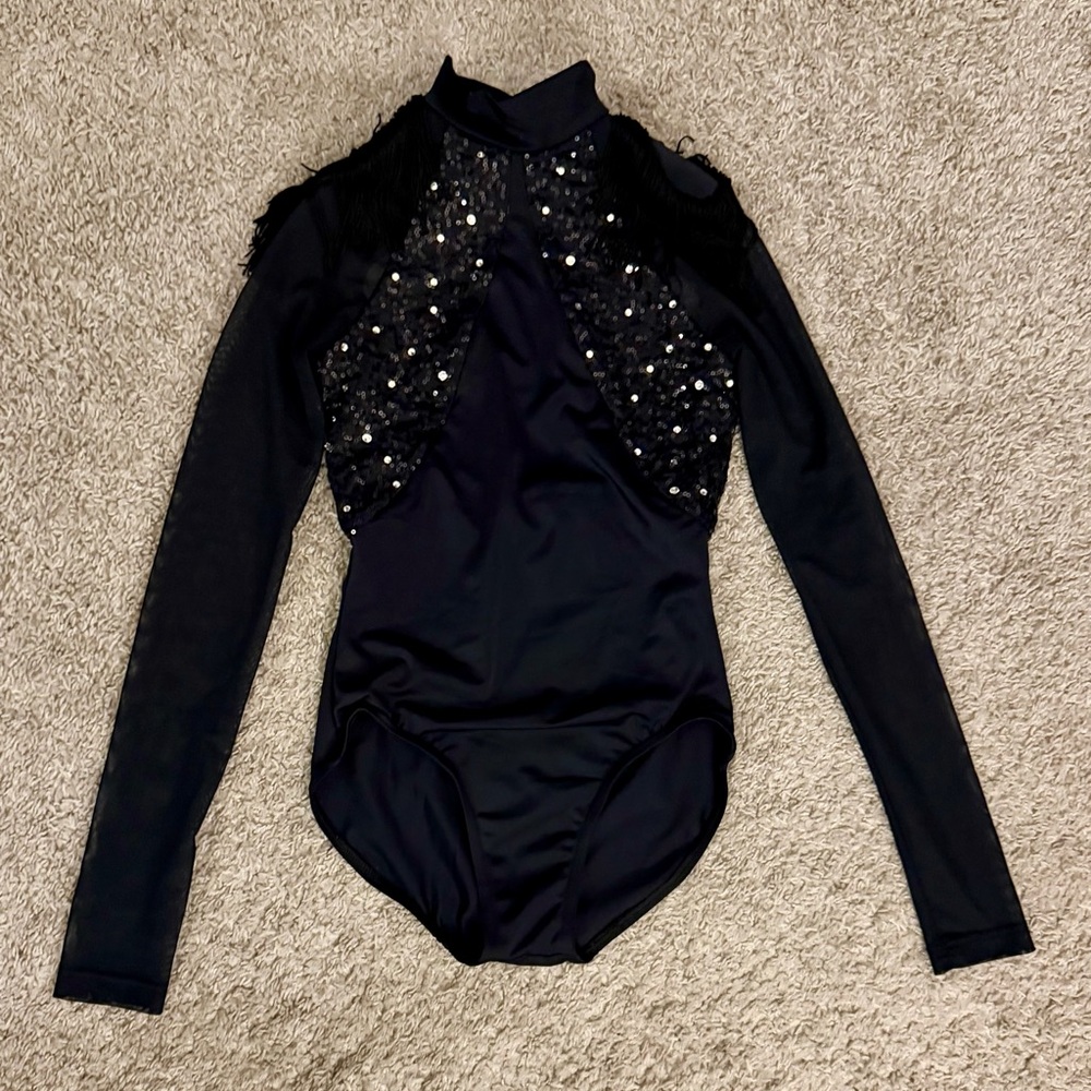 Balera Mock Neck Fringe Shoulder Black Sequin & Stone Leotard - Size L (Girls)